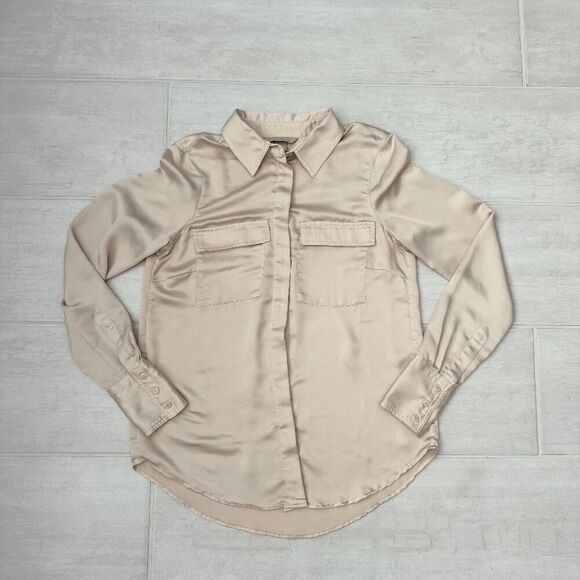 H&M Blouse Satin-look Oyster Beige Long Sleeve Covered Buttons Collared XXS - Picture 1 of 6